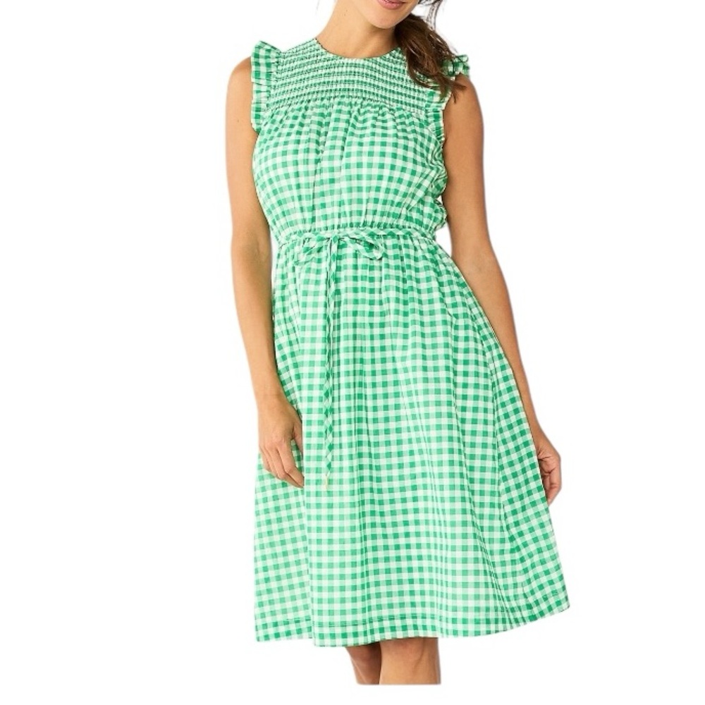 DRAPER JAMES Women’s Green Gingham Sleeveless Smocked Yoke A-Line Dress Size: XL